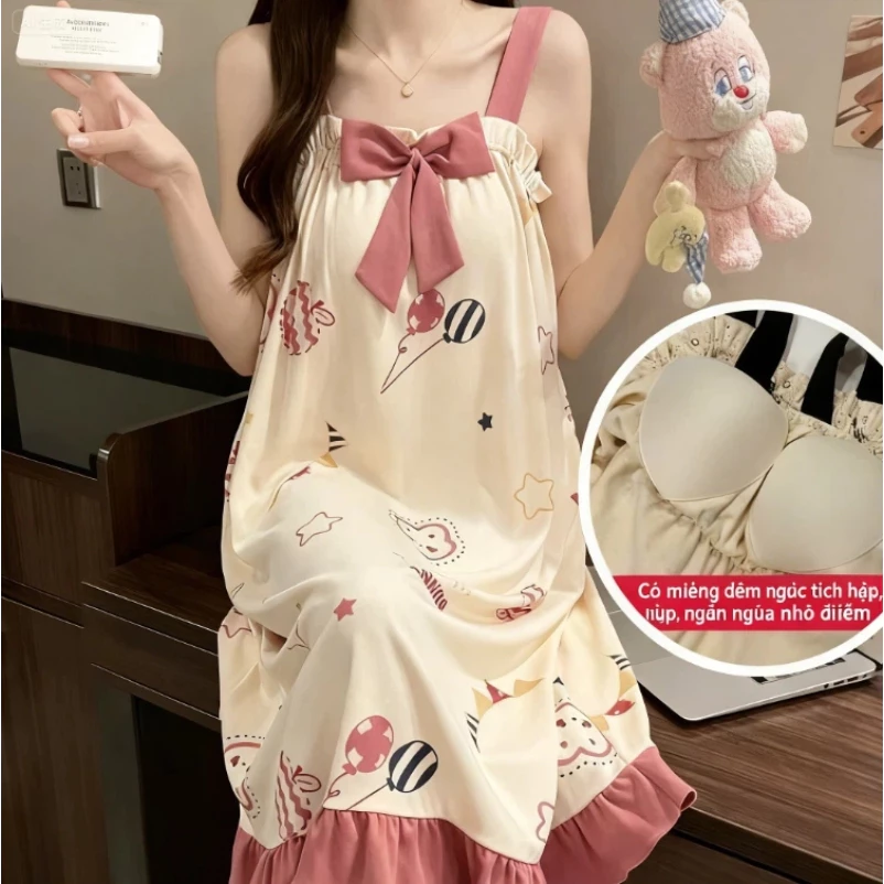 Đầm Ngủ Hai Dây Có Đệm Ngực Dáng Dài - Chất Cotton Mềm Mại, Thoáng Mát - Giặt Máy Được - Form Chuẩn Sang Trọng Cho Nữ
