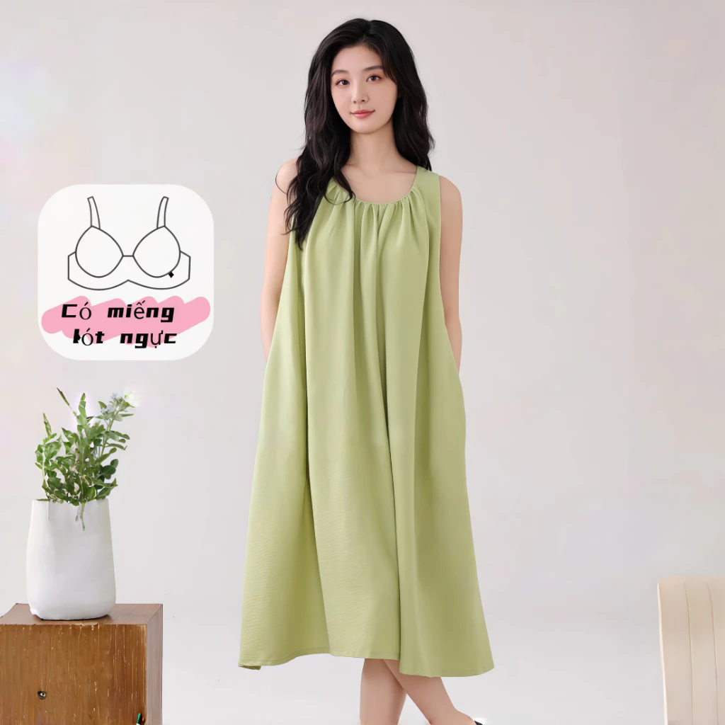【có miếng lót ngực】Váy dài nữ cotton mới, tối giản, dễ thương, màu trơn, không tay, thoáng mát, mặc nhà, đi chơi.