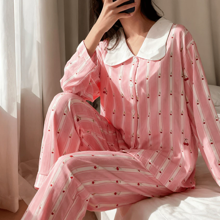 Bộ đồ ngủ nữ, họa tiết hoa sọc hồng, cổ vuông kẻ sọc, đồ mặc nhà kiểu công chúa