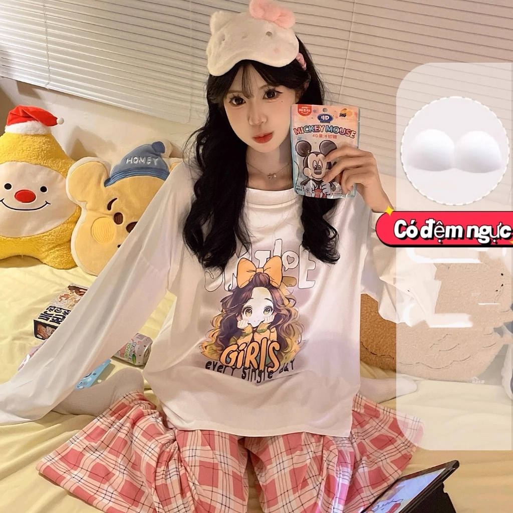 【Bông + Cúp ngực】Bộ đồ ngủ mùa xuân thu tay dài quần dài – Chất bông mềm mại, ấm áp nhưng thoáng mát – Phong cách ngọt ngào, thời trang – Đồ mặc nhà cho nữ sinh siêu xinh