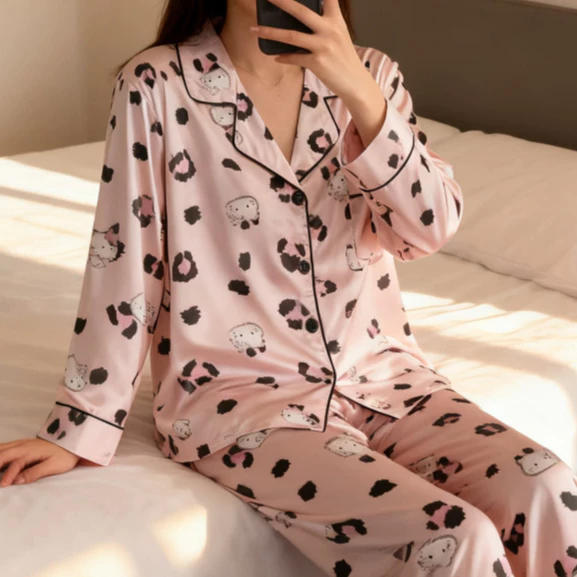 Bộ đồ ngủ gợi cảm họa tiết da báo và Hello Kitty, chất liệu lụa mềm mại cho mùa thu
