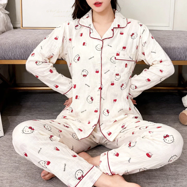 Bộ Đồ Ngủ Dài Tay Mùa Đông, Thiết kế mỏng ,Hellokitty Họa Tiết Dâu Tây Hoạt Hình Dễ Thương, Bộ Đồ Ngủ Đẹp, Nữ Thu Đông Homewear