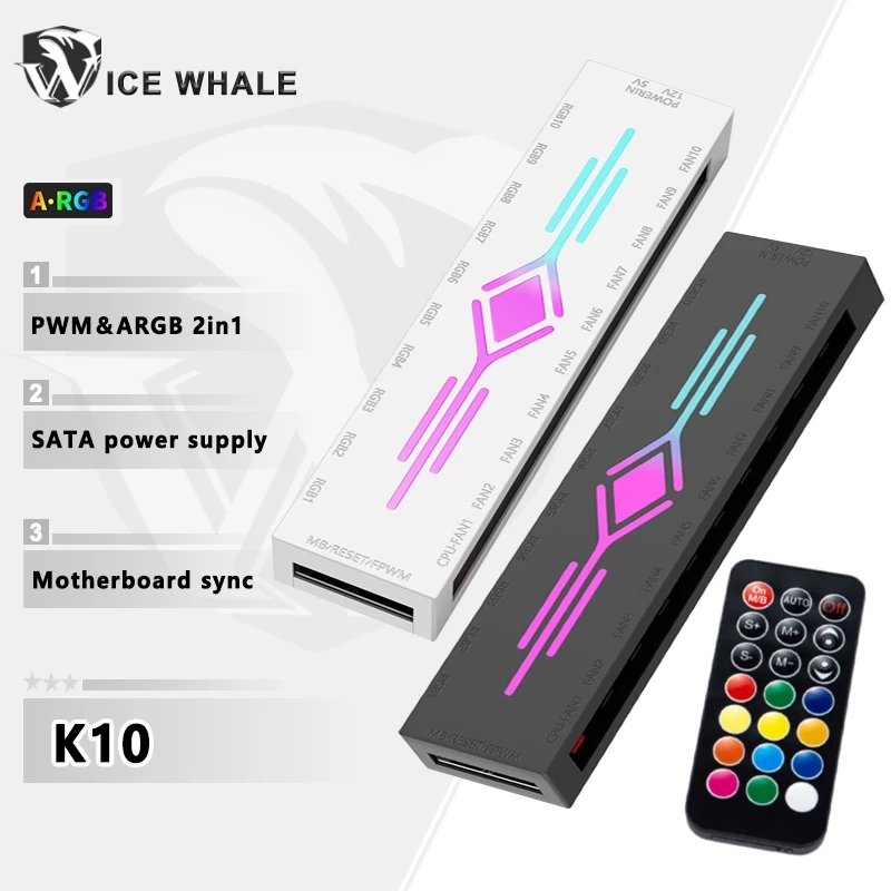 Bộ chia trung tâm quạt khung gầm ICE Whale K10 1 đến 10 PWM và ARGB2in1 4Pin Bộ chuyển đổi ARGB địa chỉ 3Pin Giao diện nguồn SATA với điều khiển từ xa