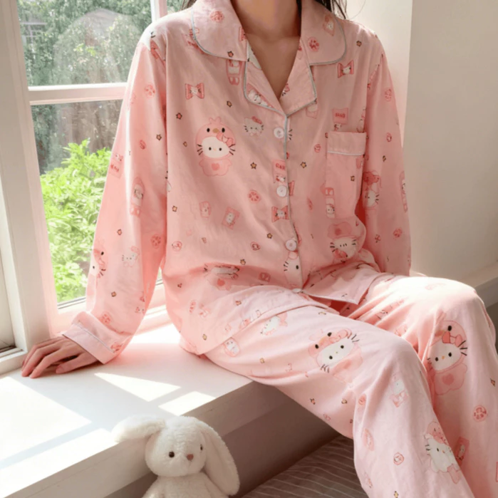 Bộ đồ ngủ công chúa màu hồng họa tiết mèo, Thiết kế mỏng , quần áo dài tay bằng cotton nguyên chất, phù hợp mặc ở nhà mùa thu đông
