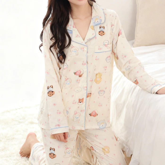 Bộ đồ ngủ cotton dài tay dễ thương cho nữ mùa thu đông,Thiết kế mỏng