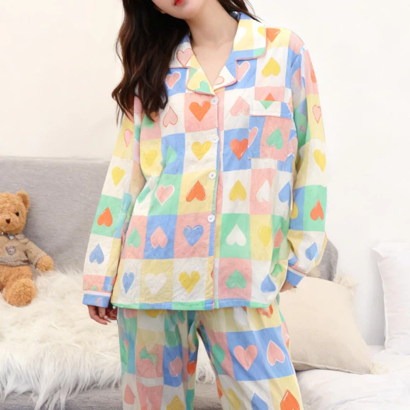 Bộ đồ ngủ cotton nguyên chất họa tiết trái tim caro, Thiết kế mỏng ,thiết kế dài tay thoáng mát dành cho mùa đông