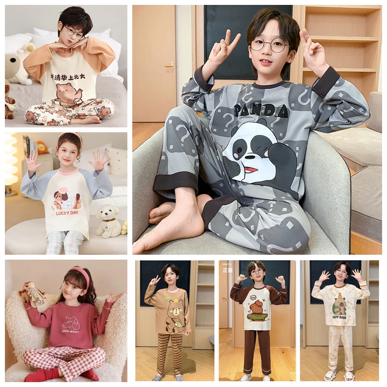 Bộ đồ ngủ cổ tròn dài tay dành cho tuổi Teen Bộ đồ ngủ bé trai và bé gái bằng vải Polyester thư giãn trong 12 - 13 tuổi