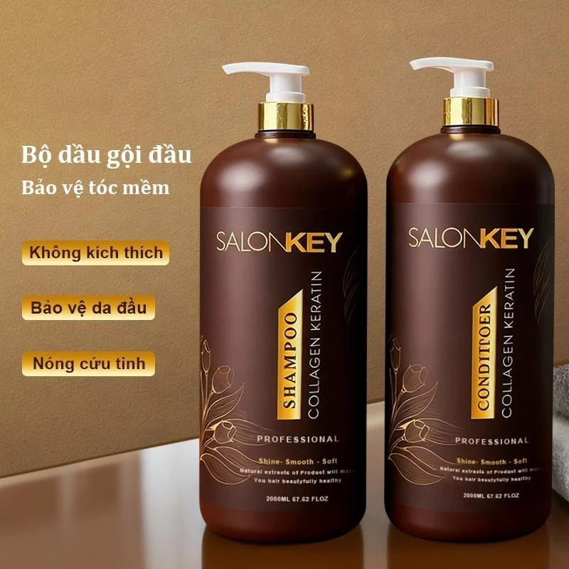 Dầu gội và dầu xả Salonkey 2000ml, Sửa chữa và phục hồi cho da đầu nhờn và tóc hư tổn, không xoăn