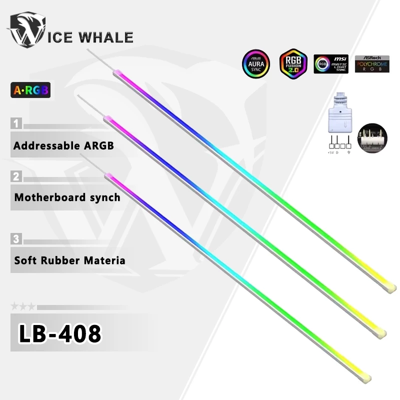ICE Whale LB-408 5V 3Pin Có Địa Chỉ ARGB PC Case Dải Đèn Trang Trí Chất Liệu Cao Su Mềm Cáp Cầu Vồng Cho Phụ Kiện DIY