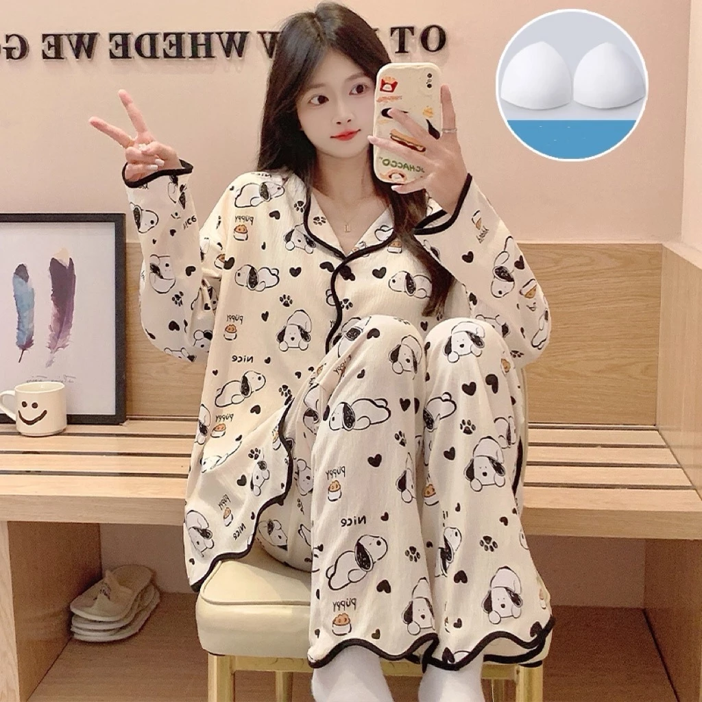 Pijama Nữ Lâu Tay Quần Dài Thu Đông Cổ Quai Dán Mút - Phong Cách Ngọt Ngào Thời Trang