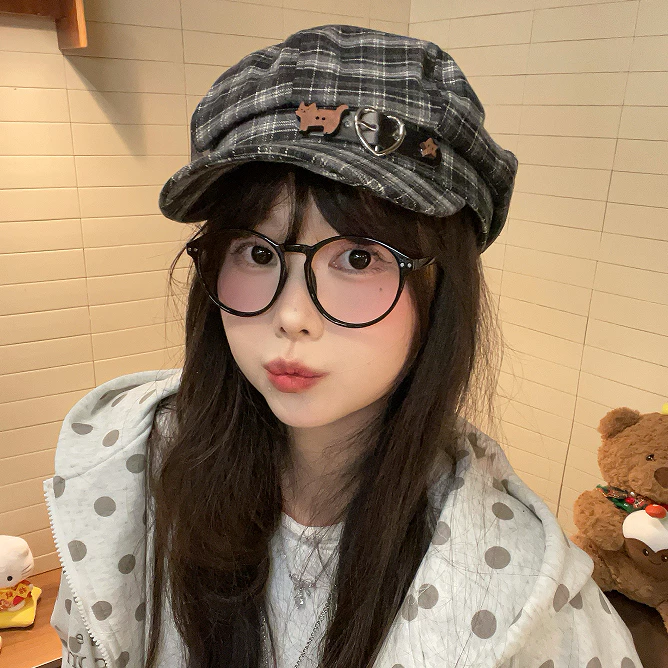 Retro Kẻ Sọc Mèo Tình Yêu - Thắt Lưng Khóa Hình Bát Giác & Mũ Thu Đông Học Sinh