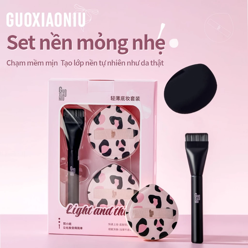 Bộ trang điểm đế nhẹ GUOXIAONIU, Puff da báo mềm, không thấm hút, mịn màng & đều, Độ đàn hồi cao, Thân thiện với người mới bắt đầu, Đi kèm với bàn chải hoặc hộp đựng đồ