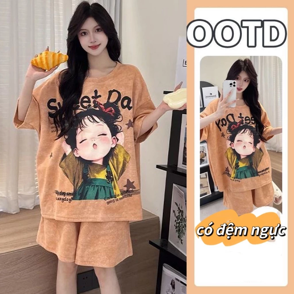 【Bông + Miếng lót】Bộ đồ ngủ hè mỏng – In hoạt hình xinh xắn – Phong cách ngọt ngào – Tay ngắn + quần short – Mặc được quanh năm – Đồ mặc nhà nữ