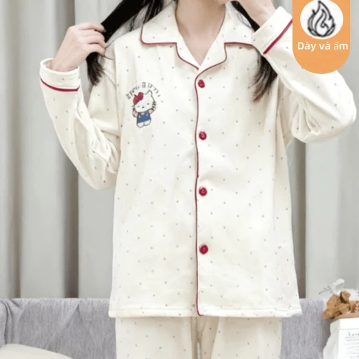 Bộ Đồ Ngủ Mùa Thu Đông Dày, Thiết Kế Họa Tiết Hello Kitty Trắng, Giữ Ấm Tốt