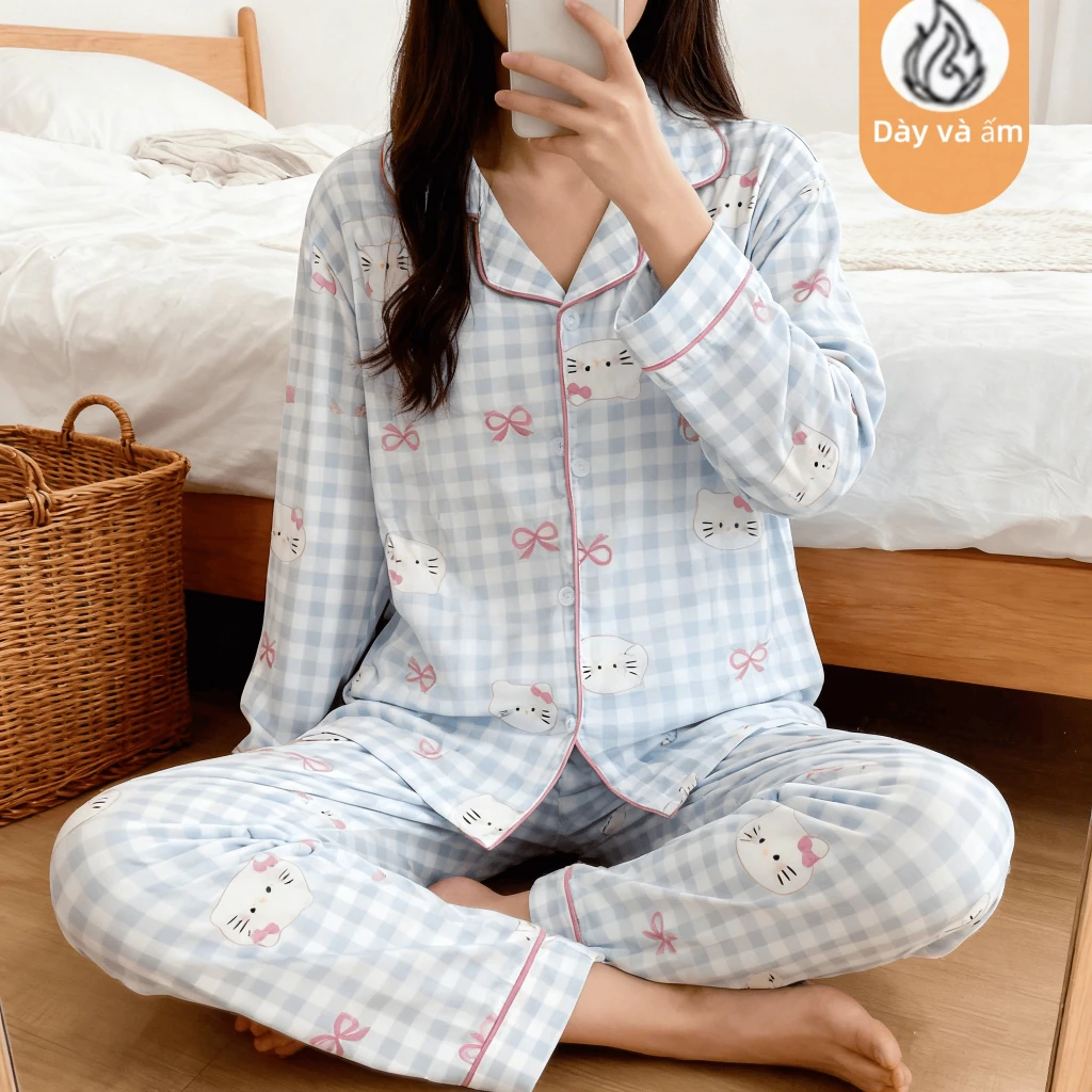Bộ đồ ngủ thu đông dày, họa tiết kẻ caro xanh có nơ Hello Kitty, đồ mặc mùa đông, tay dài và quần dài giữ ấm