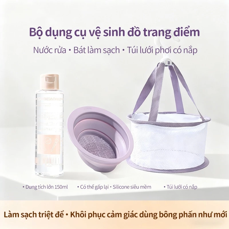 GUOXIAONIU Bàn chải silicon và bát làm sạch bọt biển có thể gập lại 150ml, Làm sạch nhanh, Lông chải mềm mại và nhẹ nhàng, Túi sấy lưới có nắp, Dụng cụ làm sạch trang điểm tiện lợi