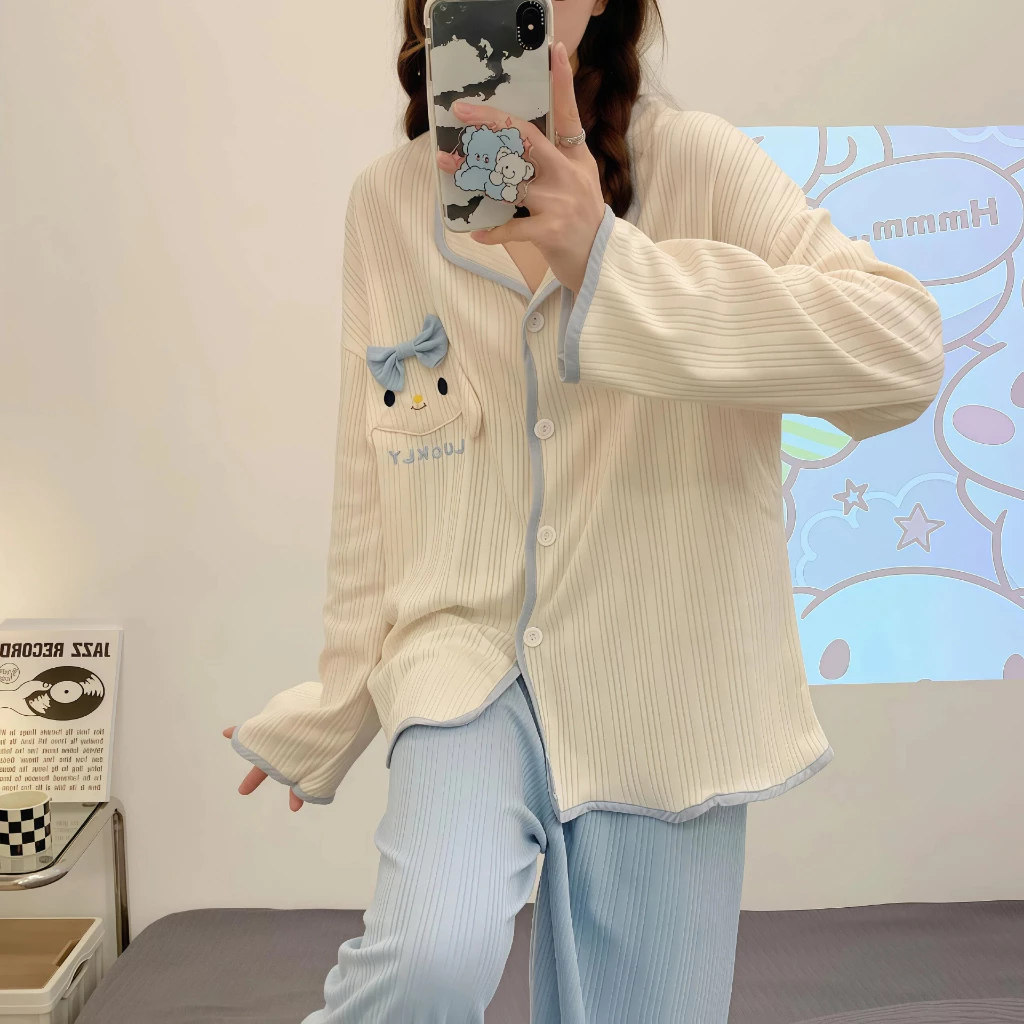 【Đồ ngủ sinh viên】 Bộ đồ ngủ mùa hè chất liệu len tơ mát lạnh mỏng nhẹ, áo ngắn tay + quần sooc, bộ mặc nhà phong cách ngọt ngào dễ thương