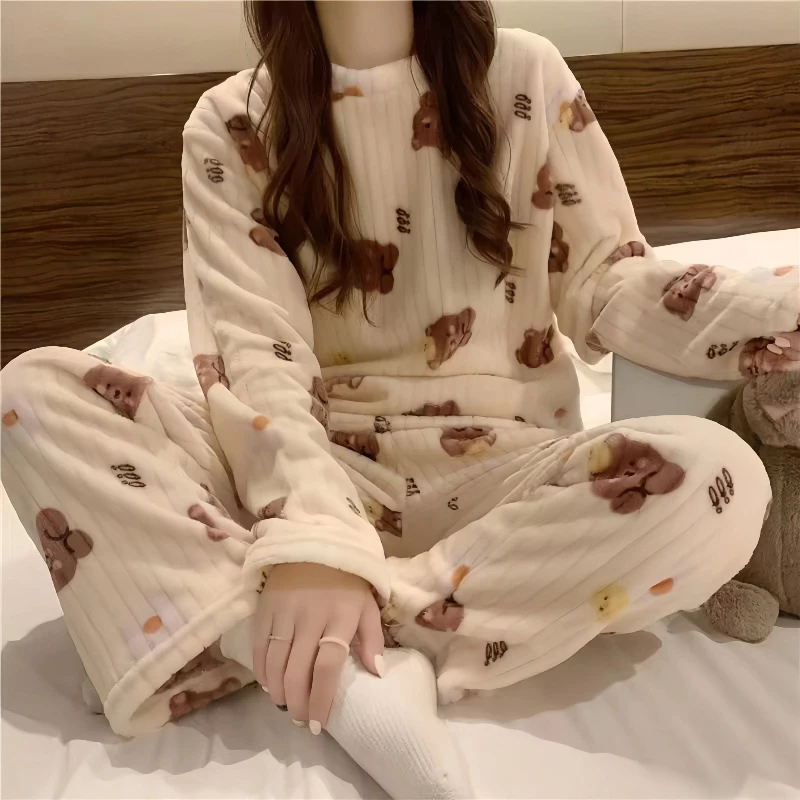Bộ Đồ Ngủ Loungewear Nữ Thiết Kế Hình Lông Cừu Và San Hô Lưỡi Liềm, Ấm Áp Cho Mùa Đông