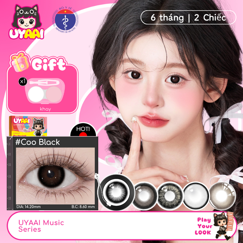 Set (2 chiếc) Kính Áp tròng UYAAI màu đen Độ giãn tròng 14.0/14.2/14.5mm, Độ…