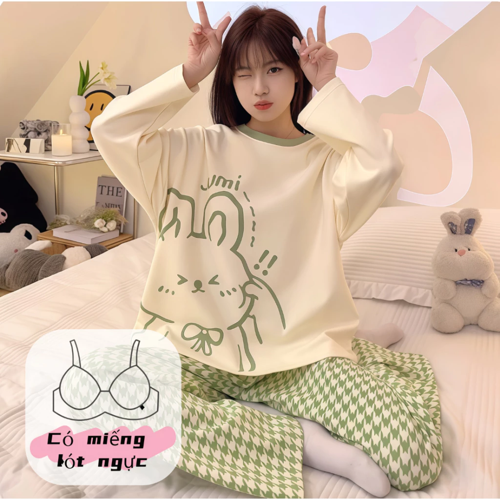 Áo ngủ nữ có đệm ngực - Họa tiết hoạt hình - Thoải mái & Dễ phối đồ - Mặc nhà hay ra ngoài đều phù hợp - Hàng mới Thu Đông
