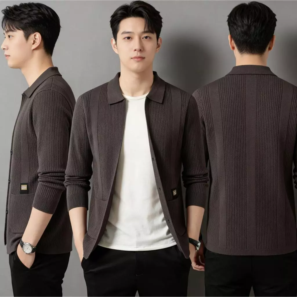 Áo len cardigan dài tay nam-Cổ điển cổ chữ V Áo len dệt kim có nút, có túi