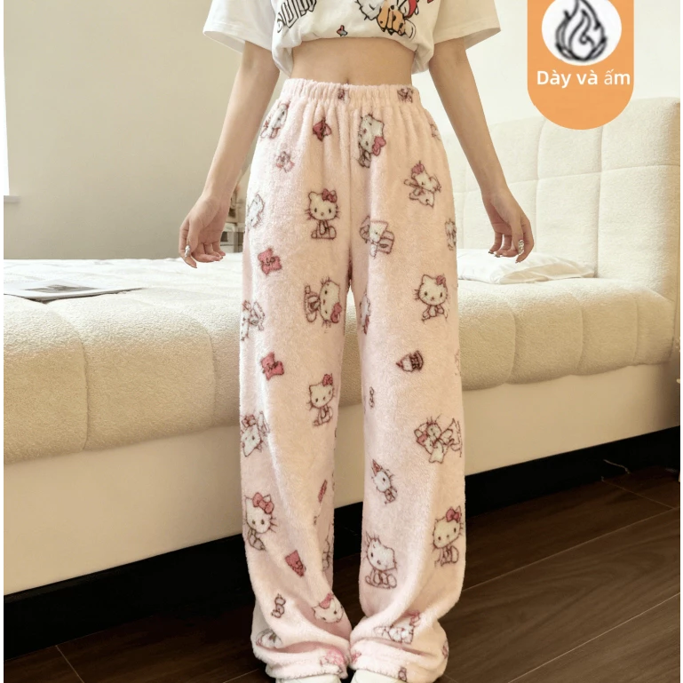Quần ngủ bằng vải nỉ san hô co giãn, họa tiết Hello Kitty dễ thương, ấm áp cho mùa thu đông