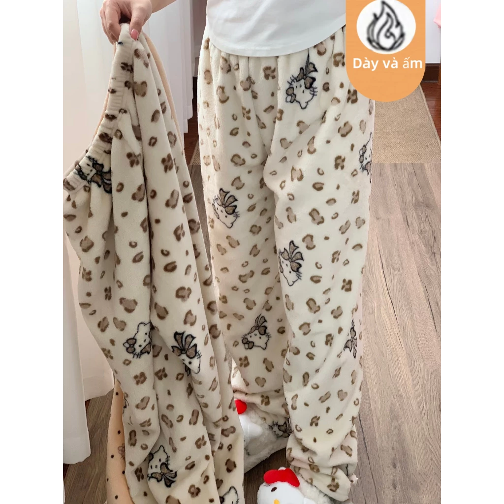 Quần ngủ vải nhung xinh xắn, họa tiết da báo hình mèo Hello Kitty, quần ngủ chất lượng cao cho mùa thu đông
