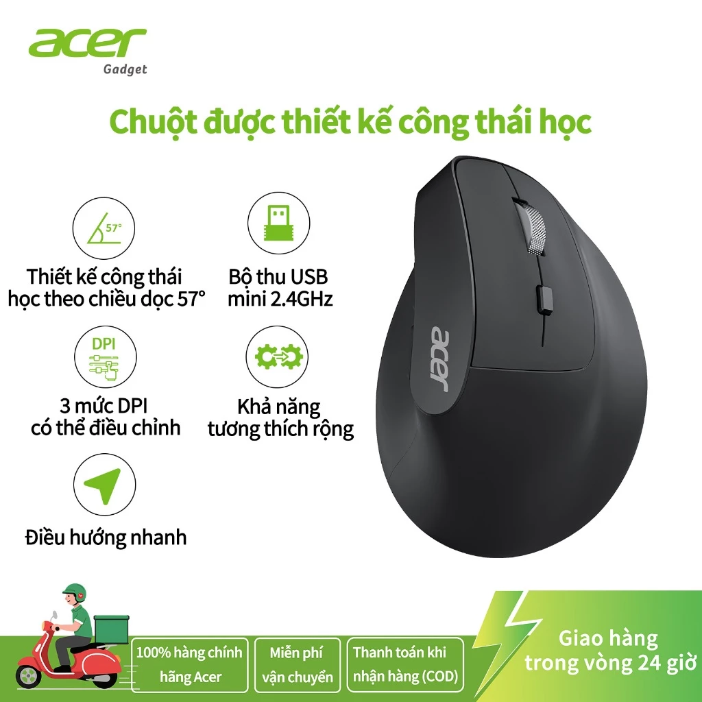 Chuột không dây Acer, chuột dọc có thể điều chỉnh DPI 1000/1200/1600 với 6 nút, chuột ergonomic sạc lại với đầu thu USB 2.4GHz cho máy tính, laptop, iMac
