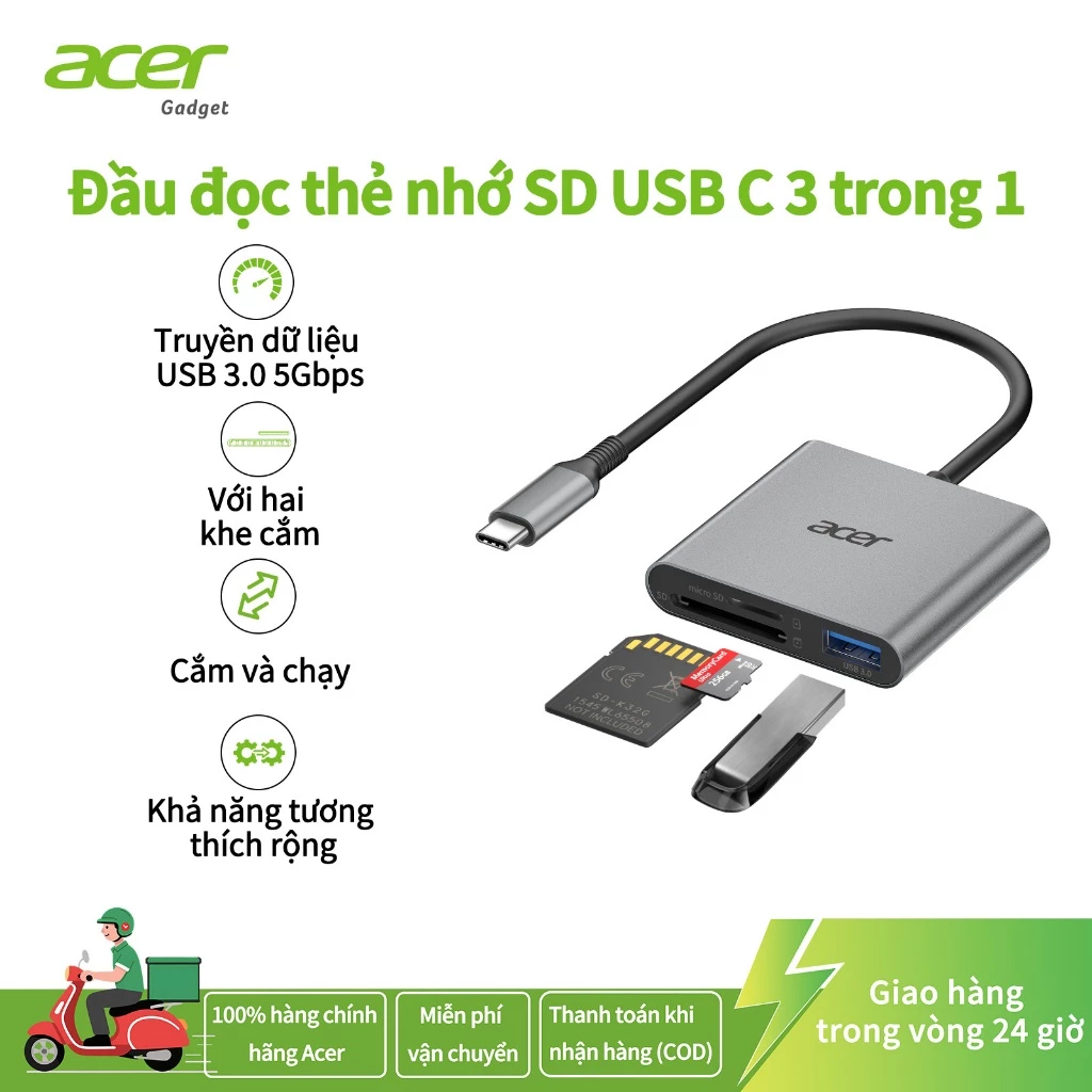 Acer Đầu đọc thẻ SD USB C Bộ chuyển đổi MicroSD 3 trong 1 có USB 3.0 cho Android MacBook Camera iPad Pro UC303C