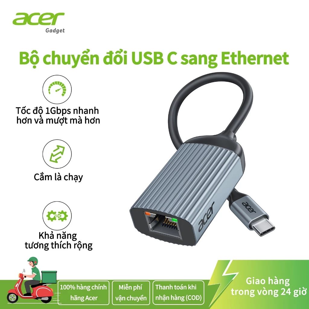 Acer Bộ chuyển đổi USB-C sang Ethernet, dongle mạng LAN RJ45 1000Mbps, cắm là dùng, vỏ nhôm, adapter Type-C cho MacBook, PC, laptop, Windows UC105