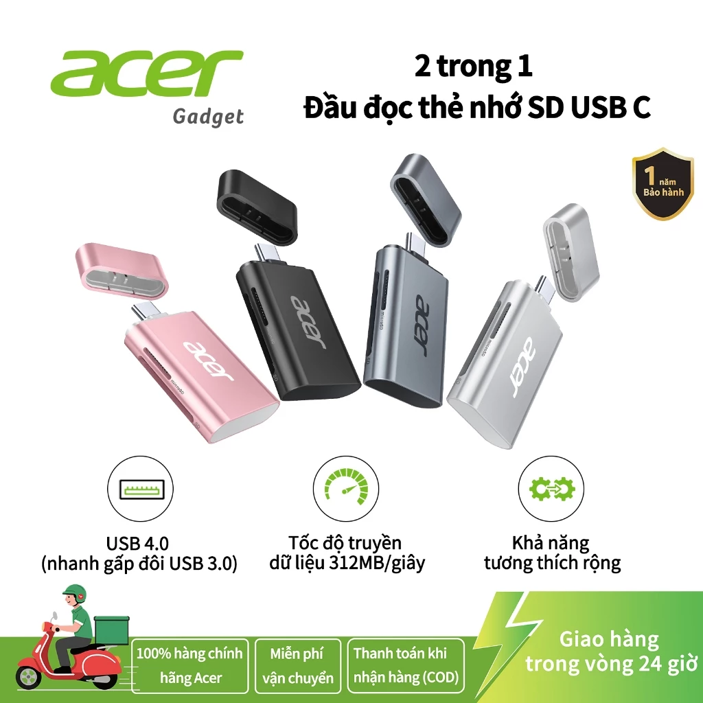 Acer  Đầu đọc thẻ USB C SD 4.0, Đầu đọc thẻ Micro SD 2 trong 1 UHS-II sang Bộ chuyển đổi loại C cho MicroSD, SDXC, SDHC, RS-MMC Tương thích với iPhone 15 / 16, MacBook Pro / Air, Laptop, Máy tính bảng UC201