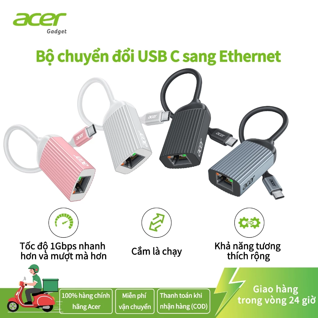 Acer Bộ chuyển đổi USB C sang Ethernet, Bộ chuyển đổi LAN USB-C nhôm 1Gbps cho máy tính xách tay, MacBook Pro / Air, iPad Pro, iPhone 15 / 16, Dell XPS