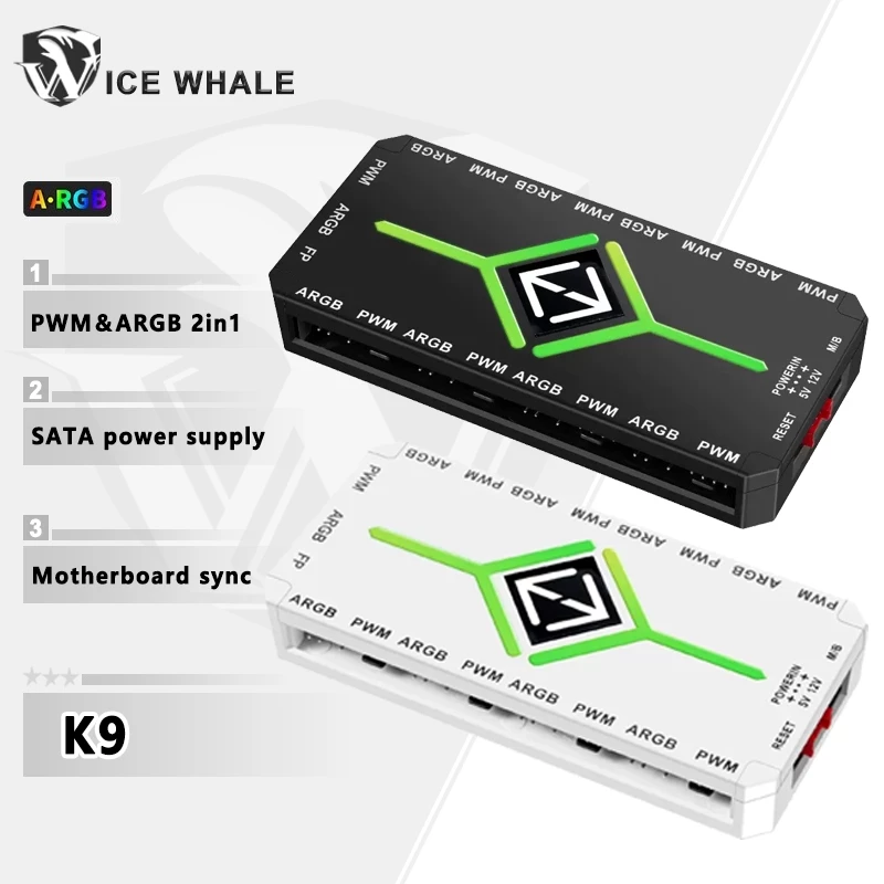 Bộ chia trung tâm quạt khung gầm ICE Whale K9 1 đến 9 PWM và ARGB2in1 4Pin Bộ chuyển đổi ARGB địa chỉ 3Pin Giao diện nguồn SATA với điều khiển từ xa