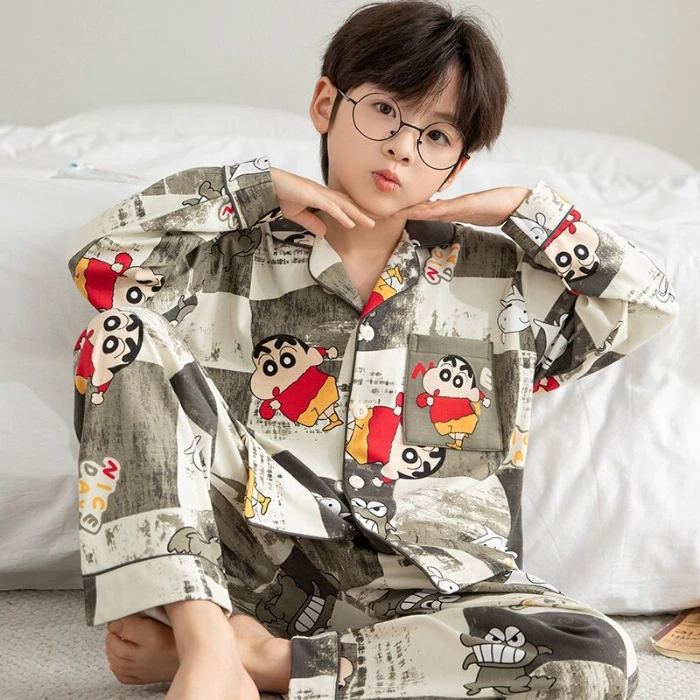 Bộ Đồ Ngủ Sẵn Sàng Trẻ Em Bé Trai Dài Tay Nighties Shin-chan Hoạt Hình In Ve Áo Váy Ngủ Bé Trai Đồ Ngủ