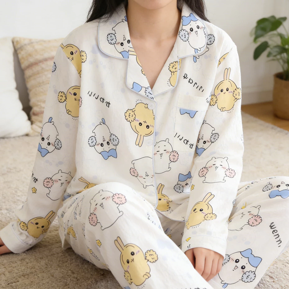 Bộ đồ ngủ hai mảnh mùa xuân-mùa hè, áo len có cổ, đồ lót cotton nhẹ thoáng khí