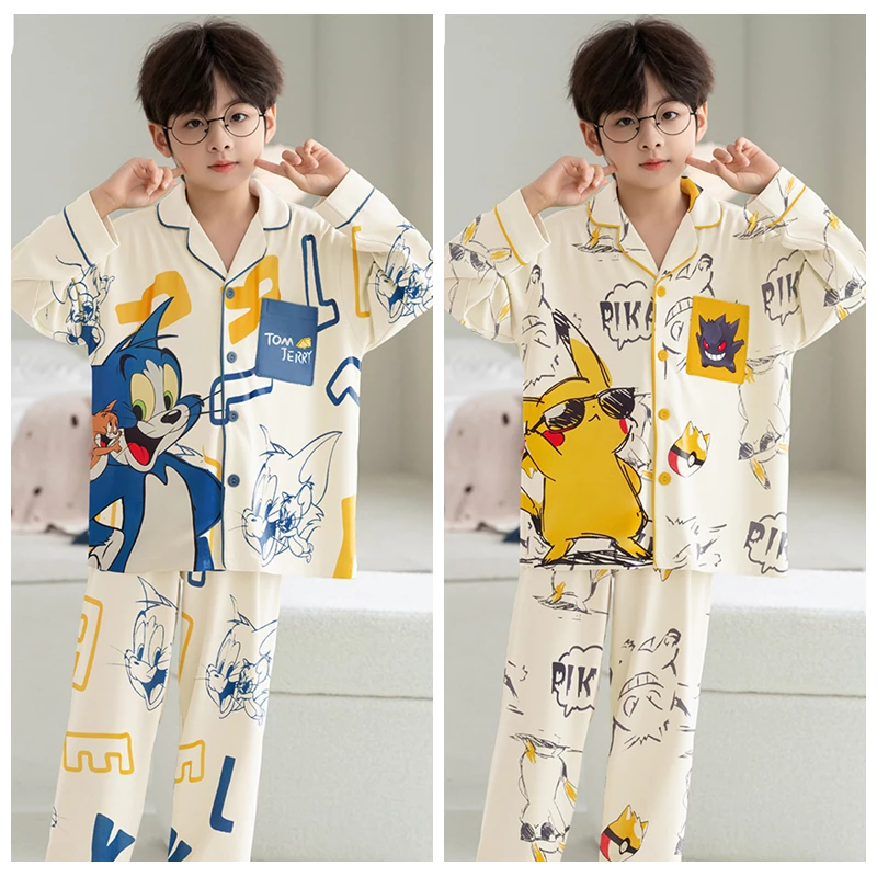 Hoạt Hình Dễ Thương In Hình Trẻ Em Dài Tay Ve Áo Váy Ngủ Ẩm bấc Bộ Đồ Ngủ Bé Trai Lớn Cho 13 - 14 Tuổi