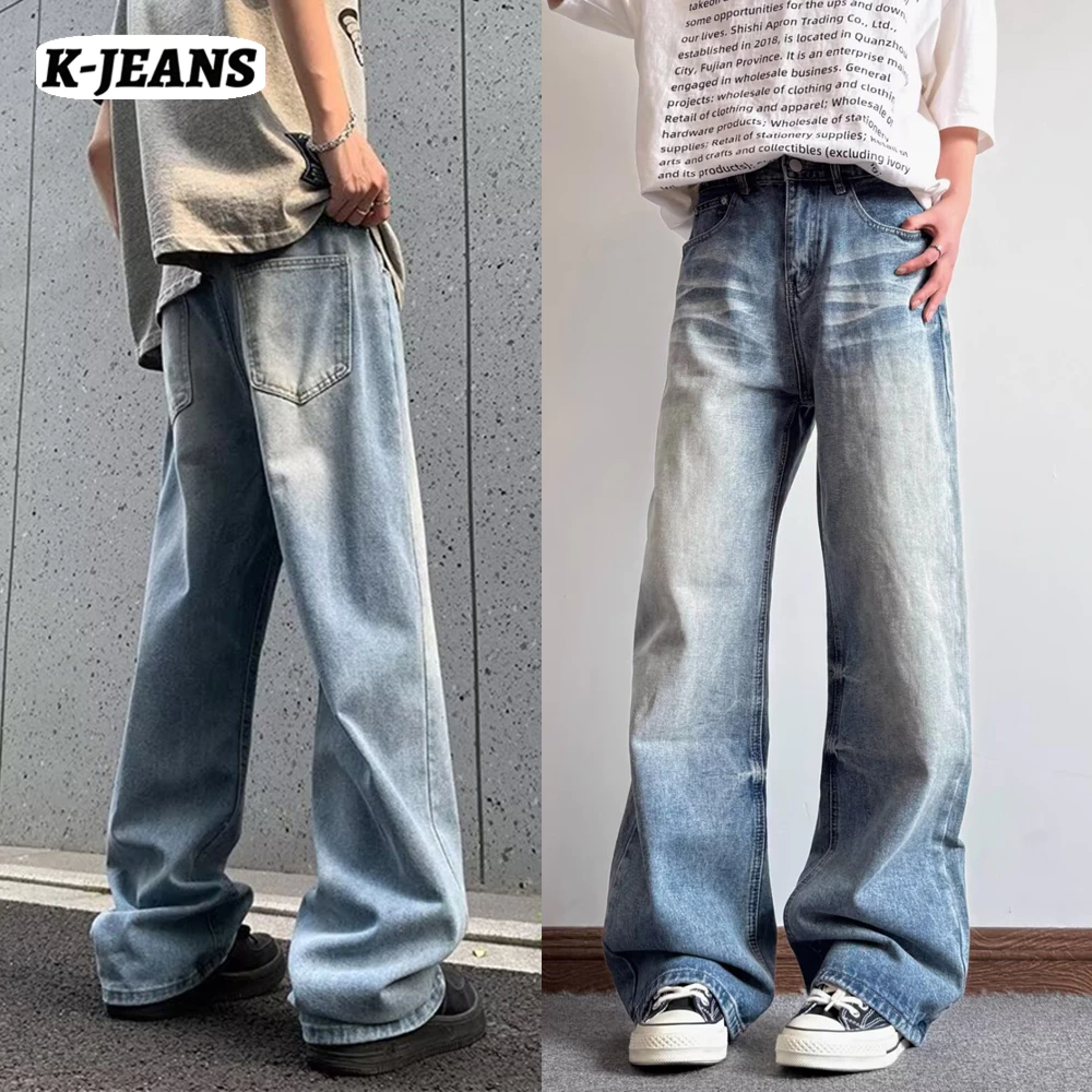 K-JEANS quần jean nam cao cấp baggy ống rộng wash vintage xanh nhạt pha trộn thời trang vải cotton co giãn mát mẻ bền màu may phối chỉ có túi lớn