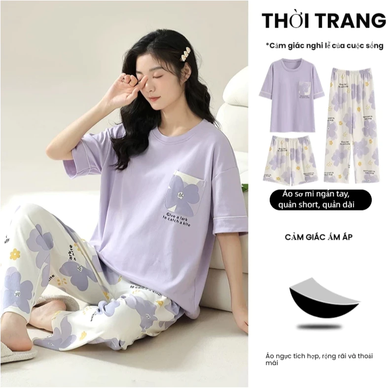 【COMBO 3IN1 SIÊU LỢI】Bộ Đồ Ngủ Nữ Mùa Thu Có Đệm Ngực 🔥 1 Áo + 2 Quần Form Rộng, Họa Tiết Hoạt Hình Cá Tính, Chất Vải Mềm - Mặc Đẹp Mọi Lúc