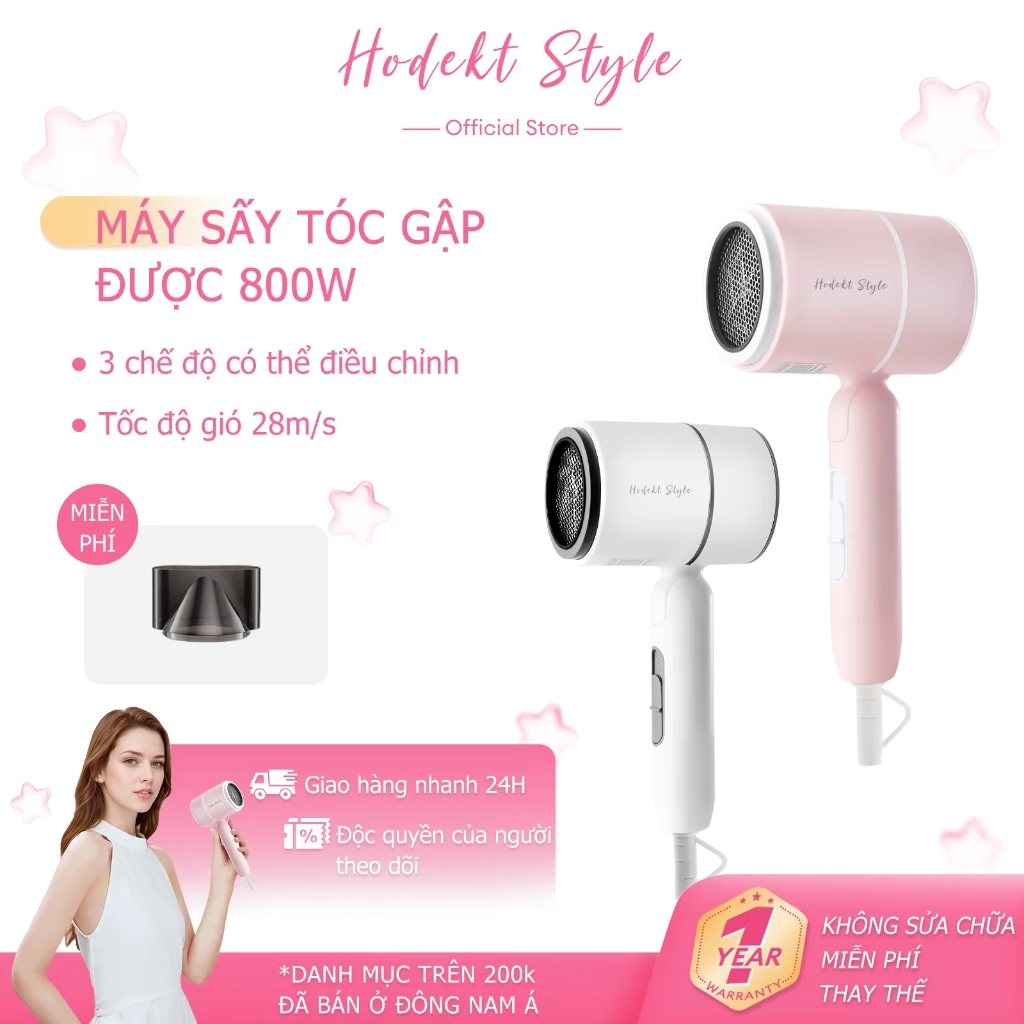 Máy Sấy Tóc Gấp Gọn HODEKT 800W Tốc Độ Gió 28M/S 3 Chế Độ Nhiệt Công Nghệ Ion Âm Siêu Nhẹ 334G