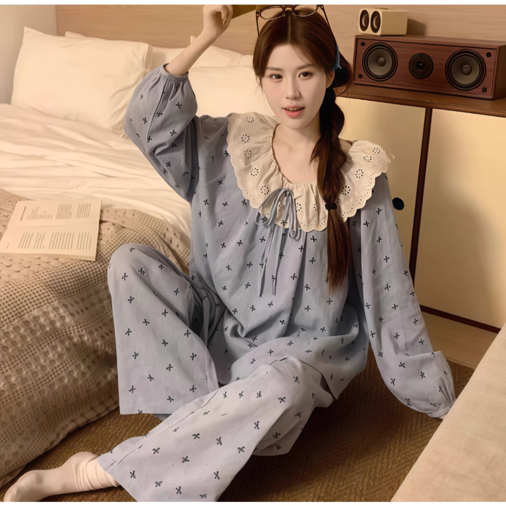 【Khuyến mãi đặc biệt thanh lý cuối mùa】Bộ Đồ Ngủ Nữ Cotton Cao Cấp Tay Dài - Mẫu Mới Thu Đông  - Họa Tiết Kẻ Ô/Trơn Viền Ren Duyên Dáng - Đồ Mặc Nhà Nữ Thoải Mái