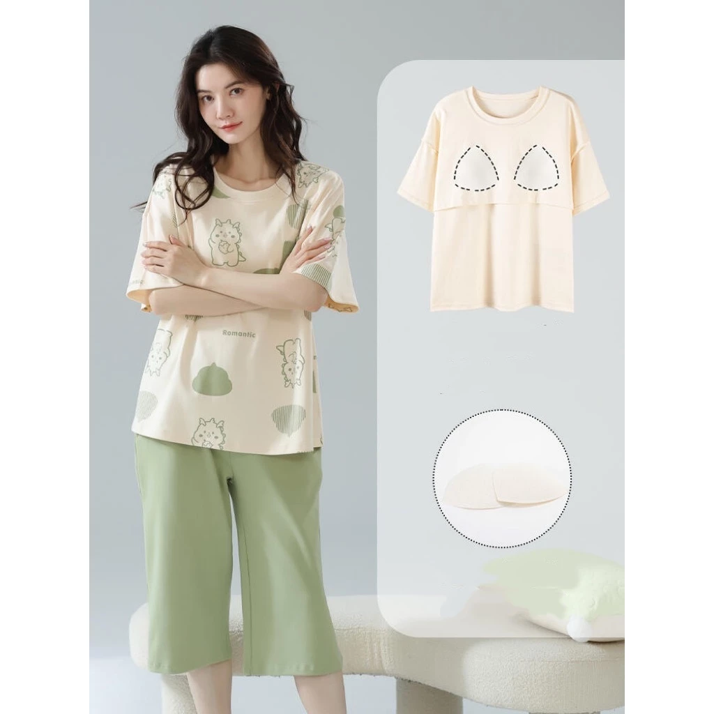 Mùa hè 2026 Bộ đồ ngủ phong cách mới Bộ đồ nữ Quần cắt cổ tròn có miếng đệm ngực Đồ ngồi ngắn tay ngọt ngào có thể mặc