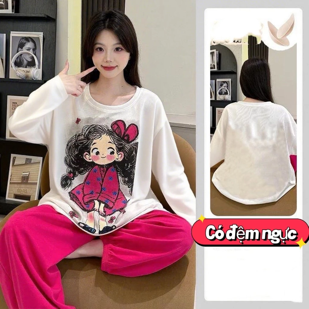 Mây Cotton Có Miếng Lót Ngực Bộ Đồ Ngủ Nữ Xuân Thu Rời Kích Thước Lớn Hoạt Hình Nữ Homewear Dài Tay Phù Hợp Với