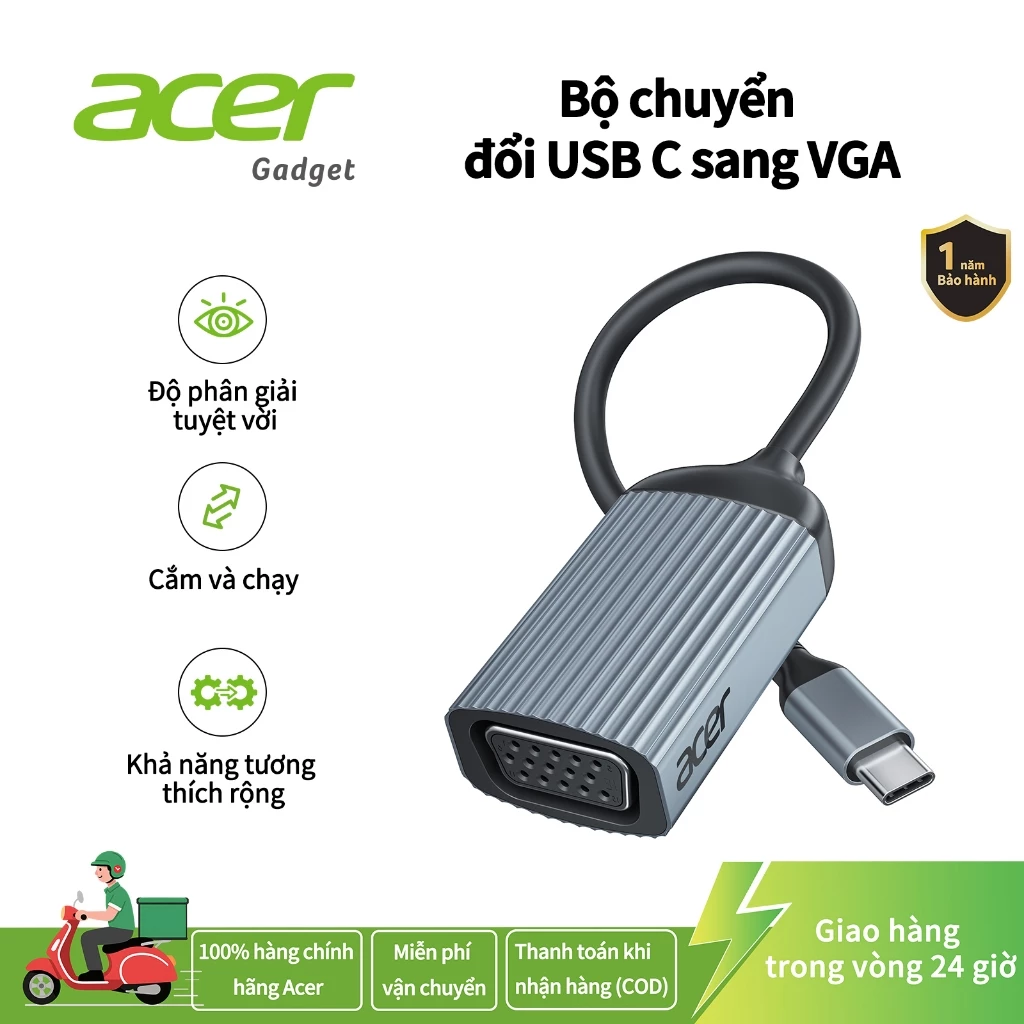 Acer Bộ chuyển đổi USB C sang VGA, Thunderbolt 3 / 4 sang VGA, Vỏ nhôm, Tương thích với iPhone 15/16/17, MacBook Pro, iPad Pro / Air, iMac, XPS 17, để mở rộng màn hình màn hình / máy chiếu