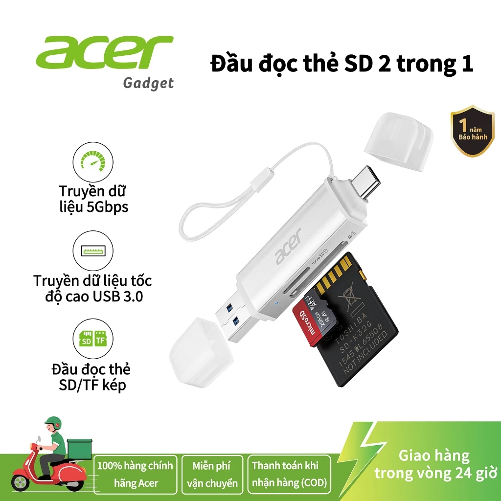 Acer 2 trong 1 Đầu đọc thẻ SD OTG USB C / A, Bộ chuyển đổi thẻ nhớ USB 3.0 Type C sang Micro SD, Tương thích với máy tính xách tay, PC, iPhone16 / 15, MacBook Pro / Air, iPad Pro, Android (Sliver)