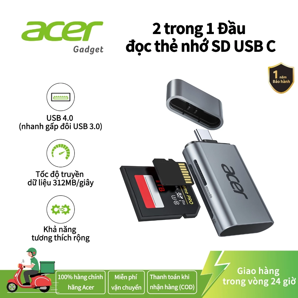 Acer Đầu đọc thẻ SD 4.0/TF 2 trong 1 chân cắm Type C 40Gbps Hợp kim nhôm cao cấp Thích hợp cho điện thoại di động máy tính xách tay tính bảng máy tính để bàn và máy ảnh UC201