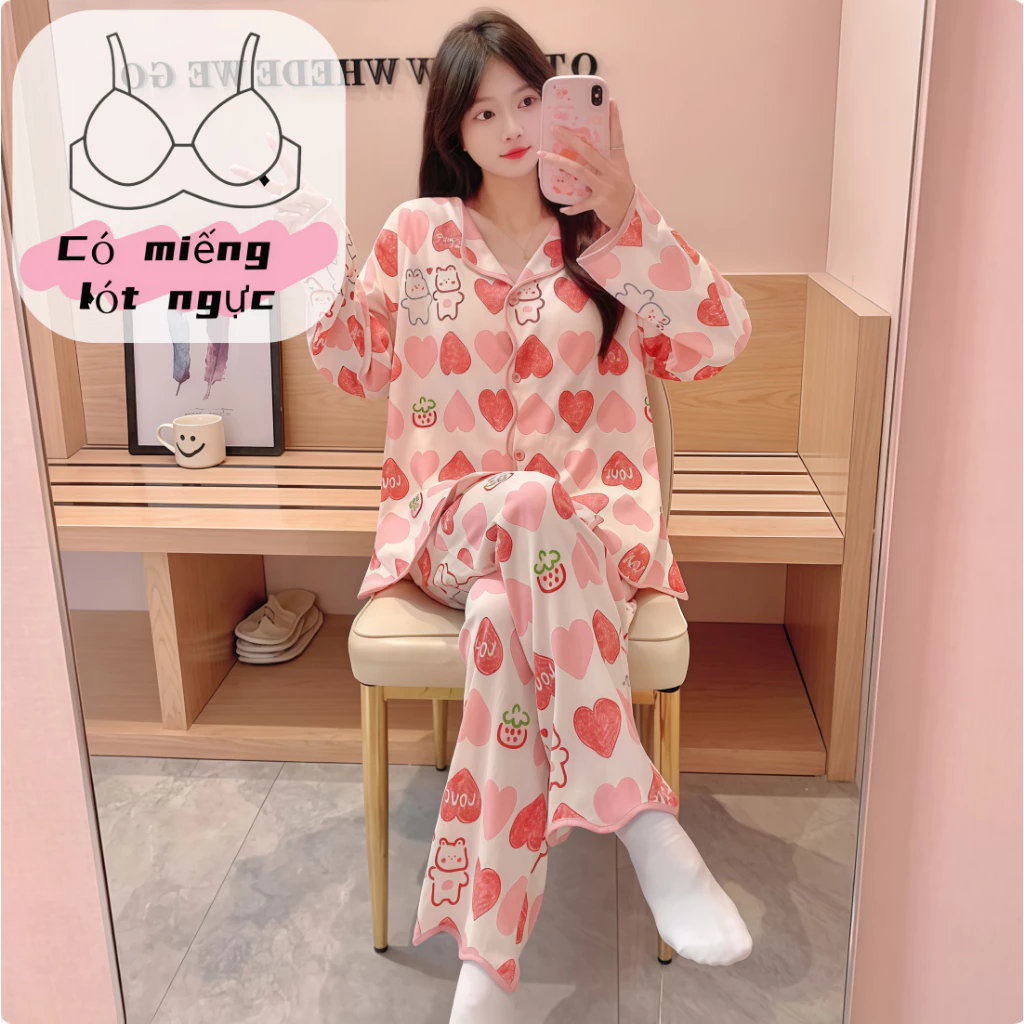 【có đệm ngực】Bộ Pyjama Nữ Thu Đông Có Miếng Đệm Ngực - Áo Dài Tay Quần Dài Họa Tiết Cartoon Đáng Yêu - Đồ Mặc Nhà Thoải Mái, Thiết Kế Thời Trang Mặc Ngoài