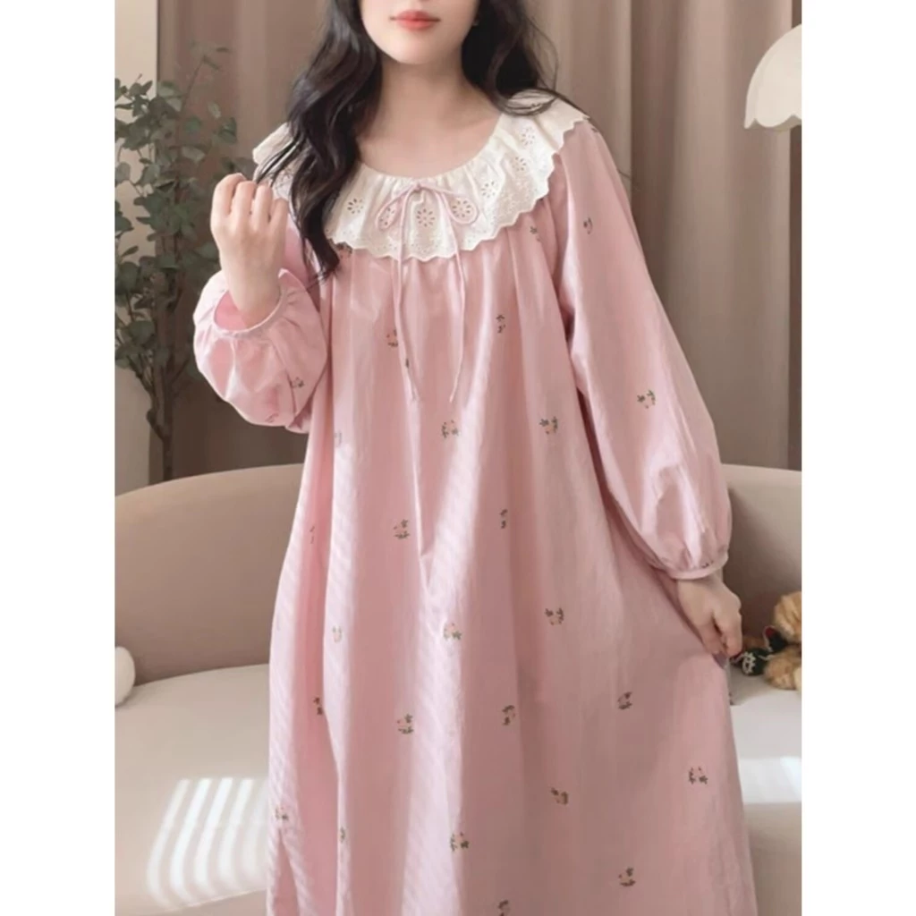 Váy ngủ nữ tay dài có đệm ngực, chất liệu cotton mềm như mây, viền ren, dáng midi ngọt ngào, phù hợp cho mùa xuân, mùa thu và mùa đông, đồ mặc nhà dành cho học sinh/sinh viên