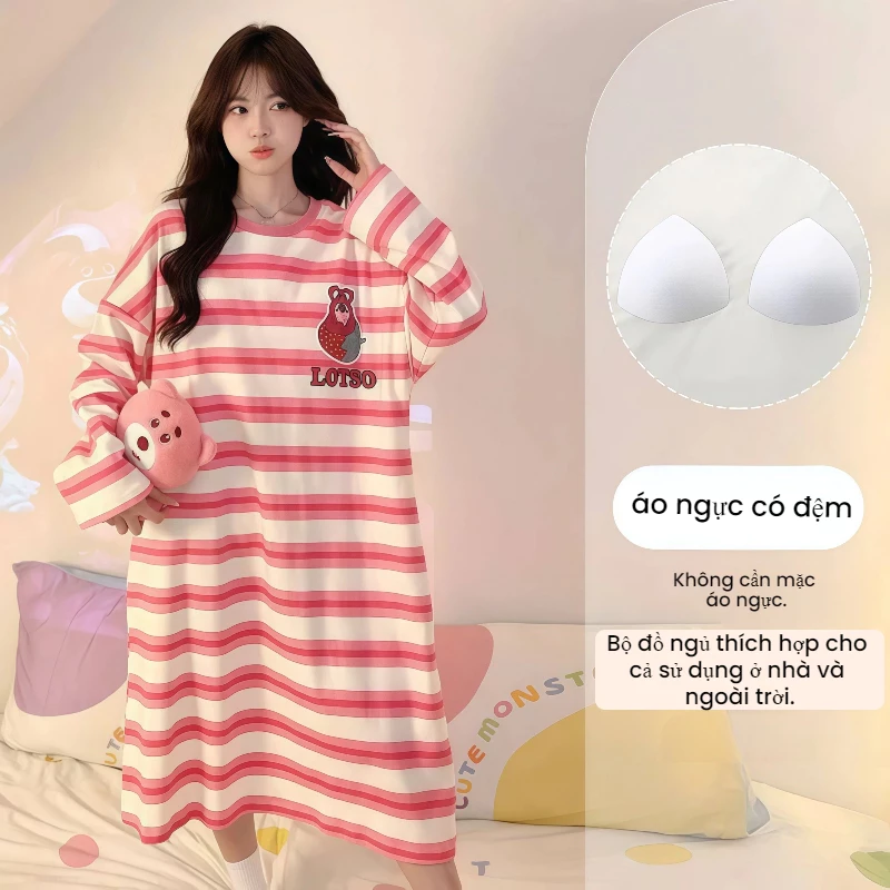Váy ngủ nữ dài tay phong cách Hàn có đệm ngực - Form rộng size lớn, dáng dài có thể mặc ngoài, ngọt ngào cho mùa xuân thu