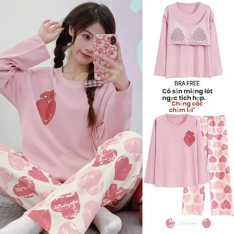 【Một áo 2 cách mặc】Đồ ngủ unisex tay dài quần dài có đệm ngực - Thiết kế thời trang, mặc nhà ra phố đều đẹp (Áo ngủ mùa thu đông)