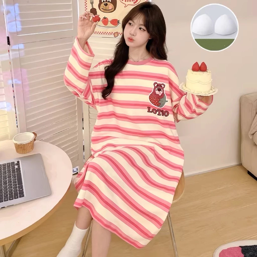 【Đệm ngực】Đầm ngủ dài tay chất liệu mềm mại, form rộng thoải mái - Đầm ngủ học sinh ngọt ngào, đồ mặc ở nhà